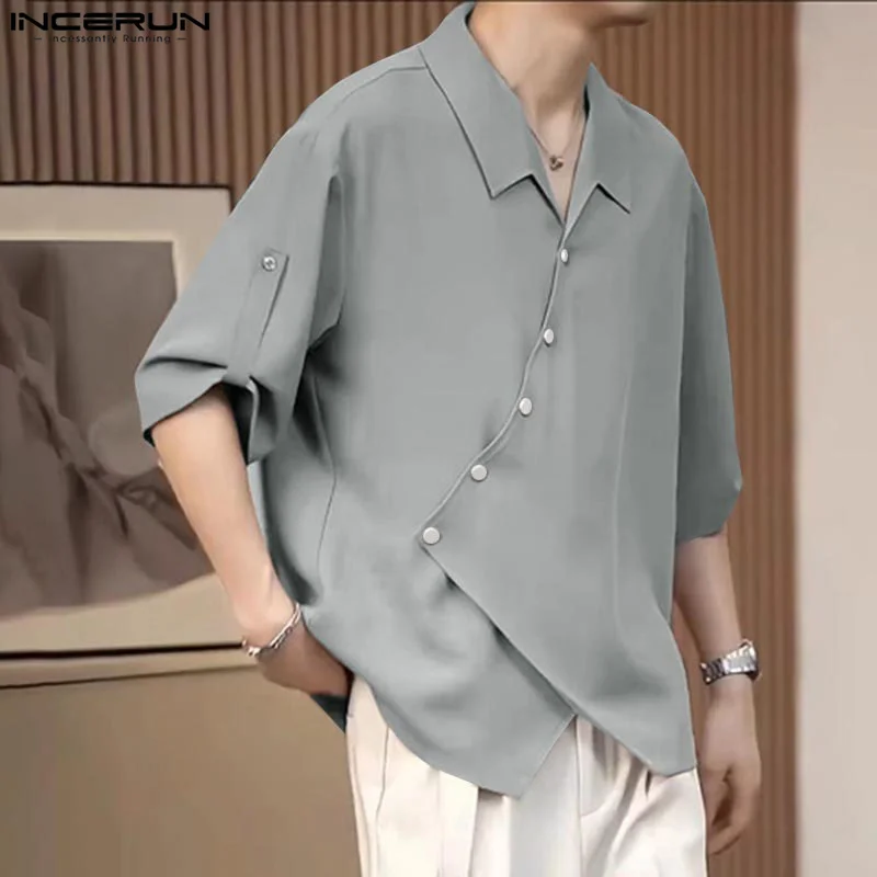 

INCERUN Men Korean Fashion Tops Casual Mid Sleeve Solid Shirts Button Trun-Down Collar Streetwear Male Elegant Outfits 2024