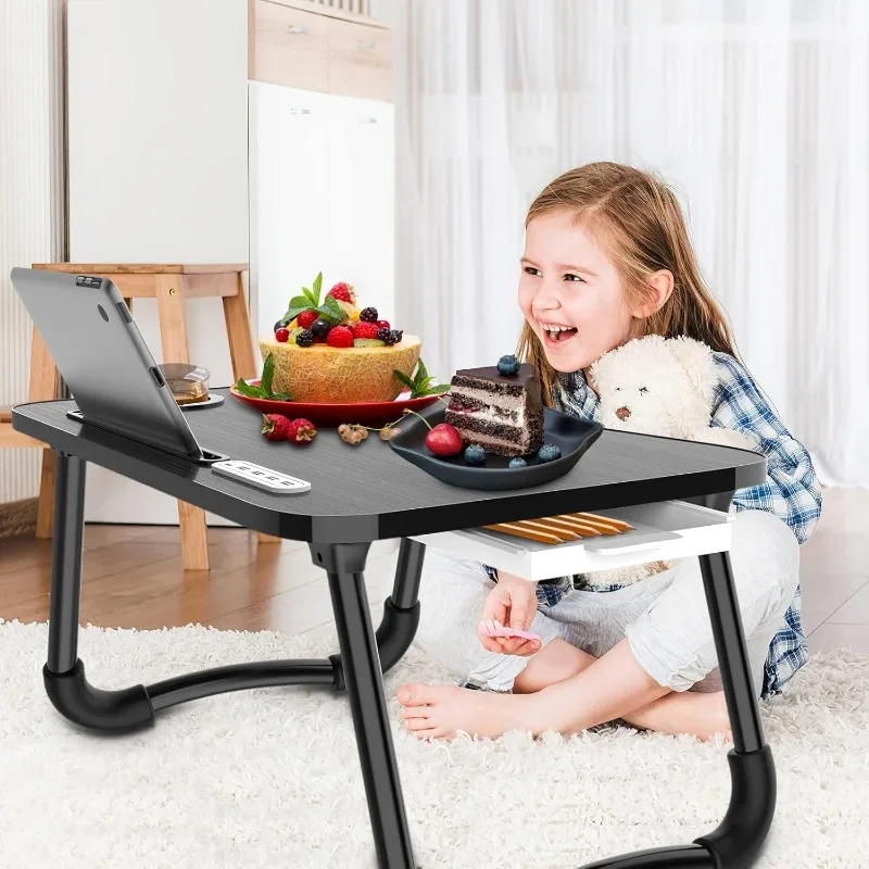 Laptop Lap Desk, Foldable Laptop Tray with 4 USB Ports Storage Drawer and Cup Holder, Desk Stand