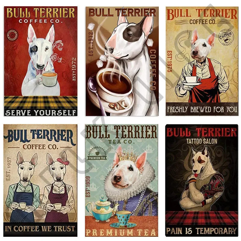 Funny Dog Metal Tin Sign Bull Terrier Metal Poster Dessert Decoration Plaque for Bathroom Coffee Garden Beach Bedroom Kitchen