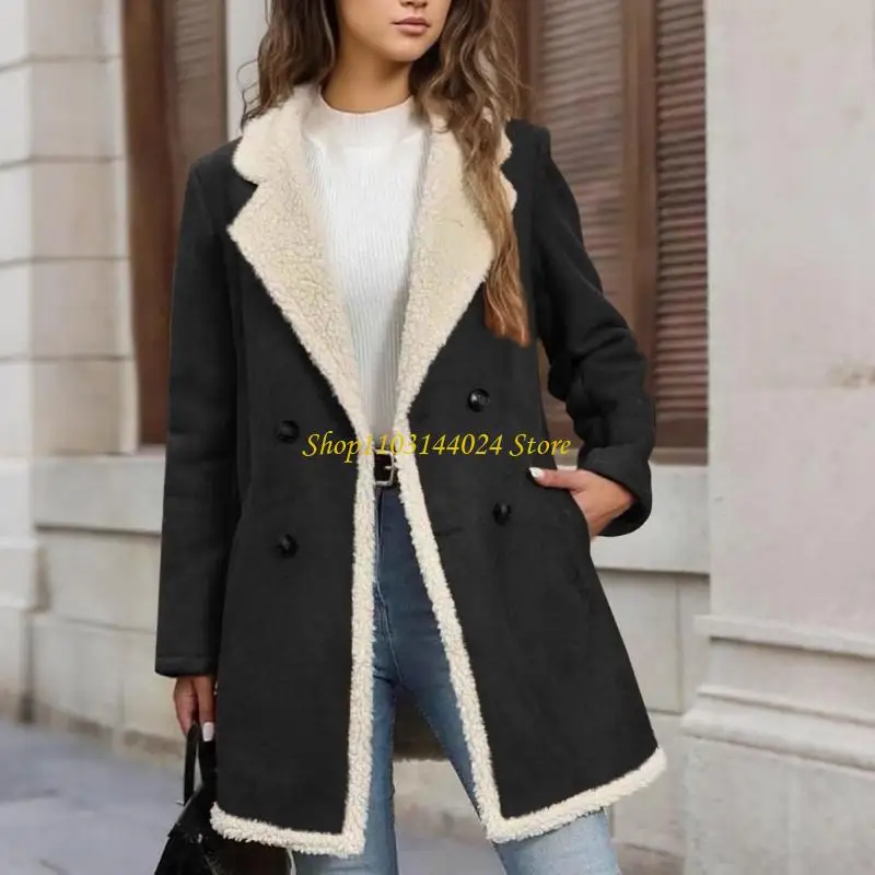 N5KE Fashionable Women's Faux Suedes Double Breasted Coat with Fleece Lining Notched Collar Side Pockets Designed For Commuting