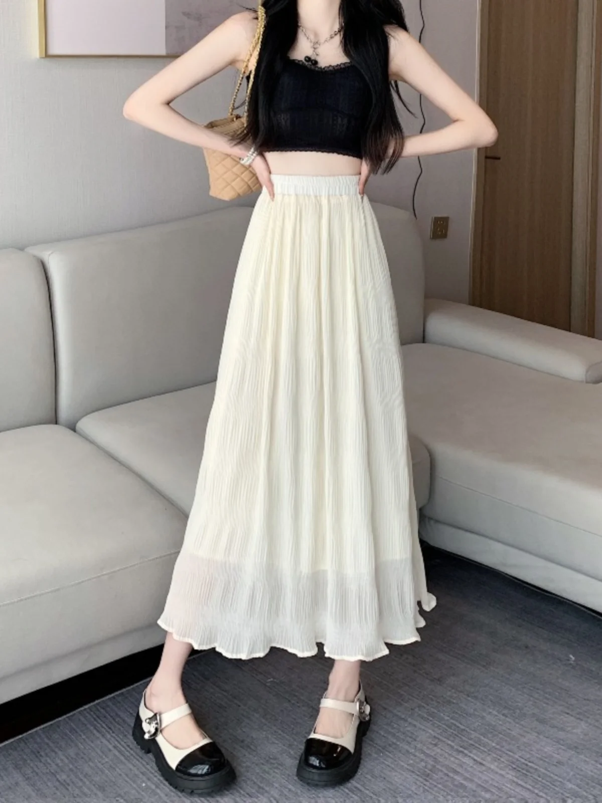 

Женская юбка-миди А-силуэта с высокой талией, универсальная, летняя, с эффектом стройности, в стиле «Нежный ветер», с узором «Снежинка»