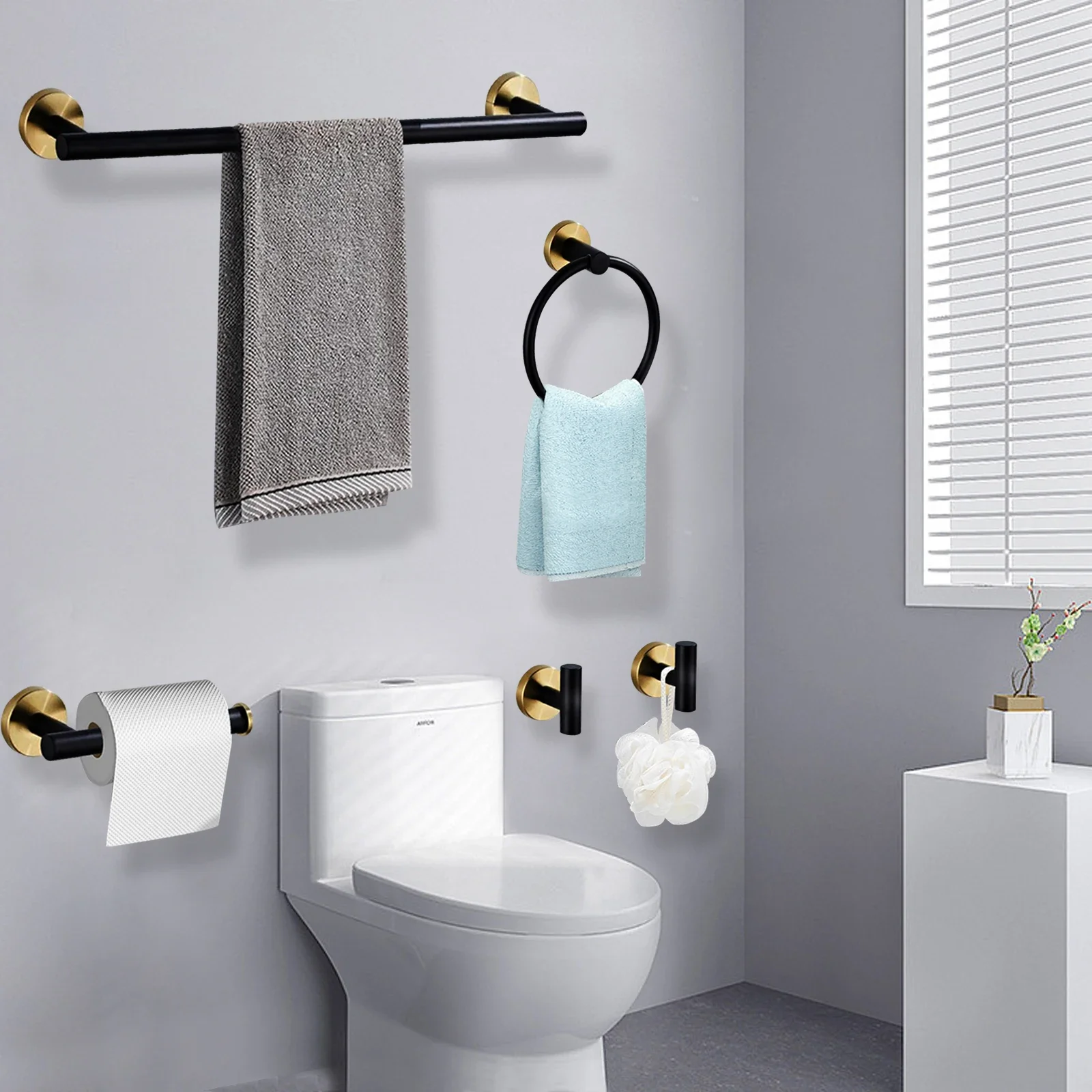 Moderno juego de barra de toalla de oro negro de 5 piezas: accesorios de baño de acero inoxidable montados en la pared para el hogar, hotel, baños de spa