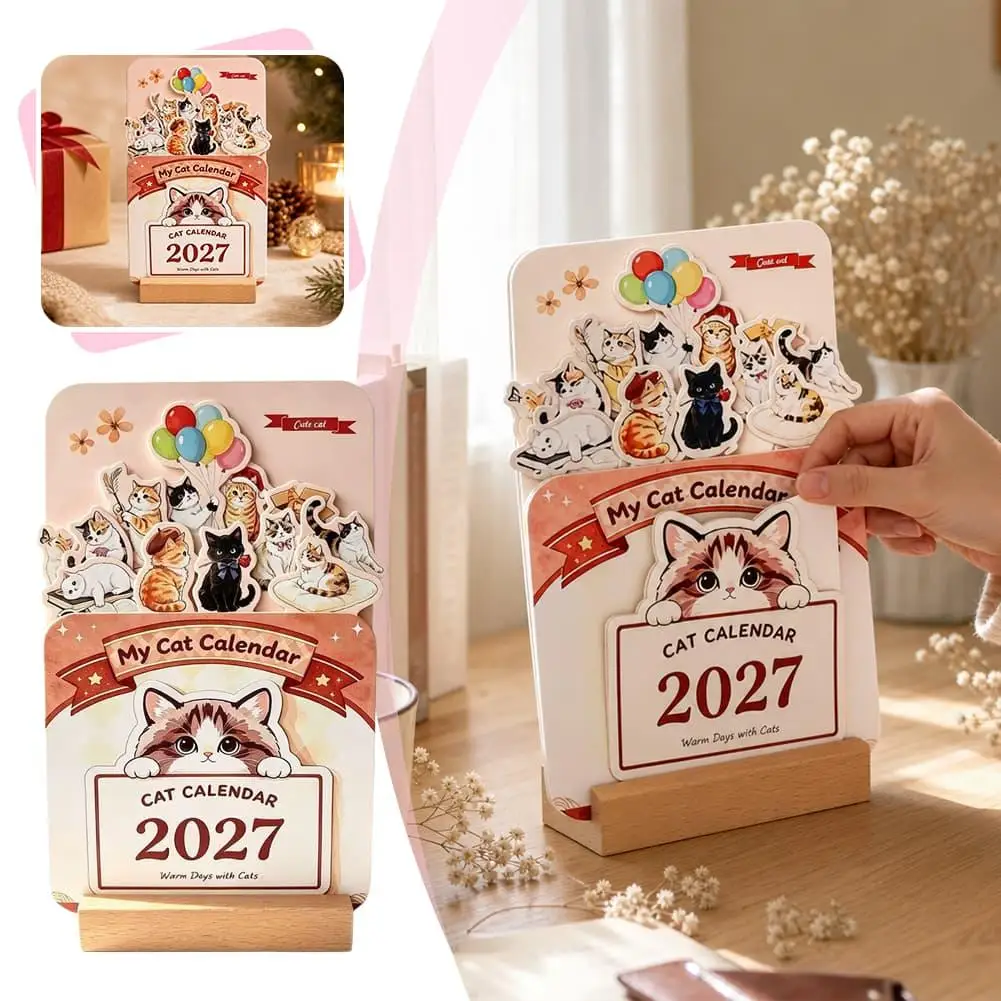 New 2027 Cute Cat Floral Artwork Desk Calendar Wooden Stand Planner Monthly Calendar For Home School Office Desk Decorative