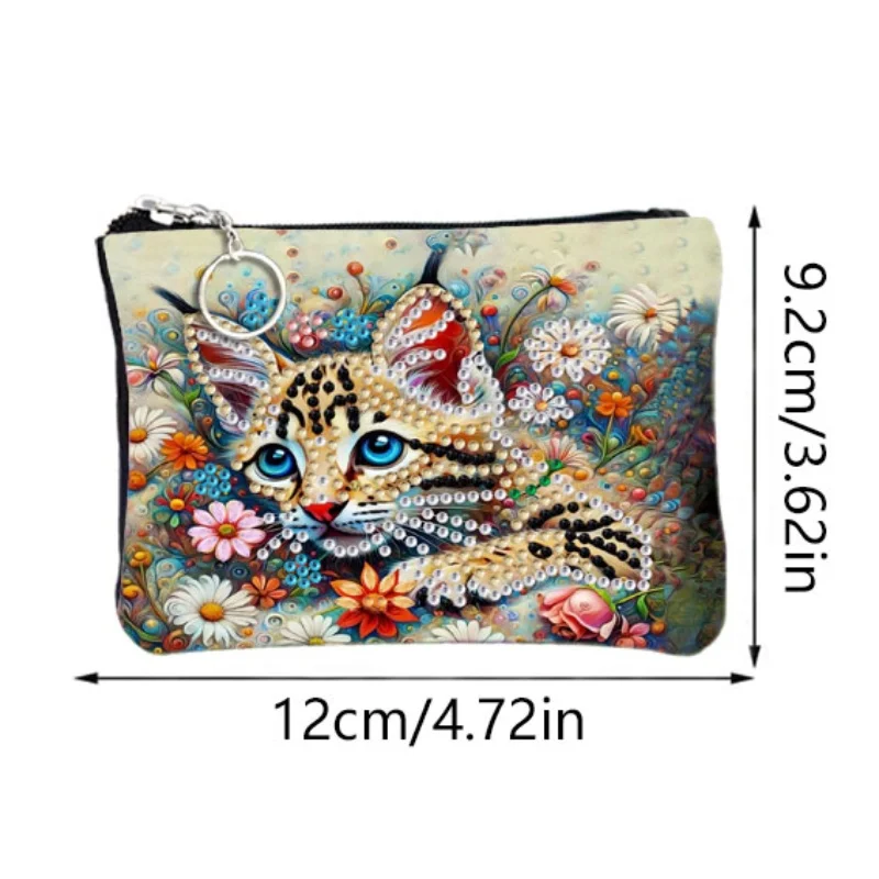 1pcs DIY Animal Diamond Painted Bags with Zipper and Key Ring PU Leather Crystal Rhinestone Purse for Daily Uses and Travel
