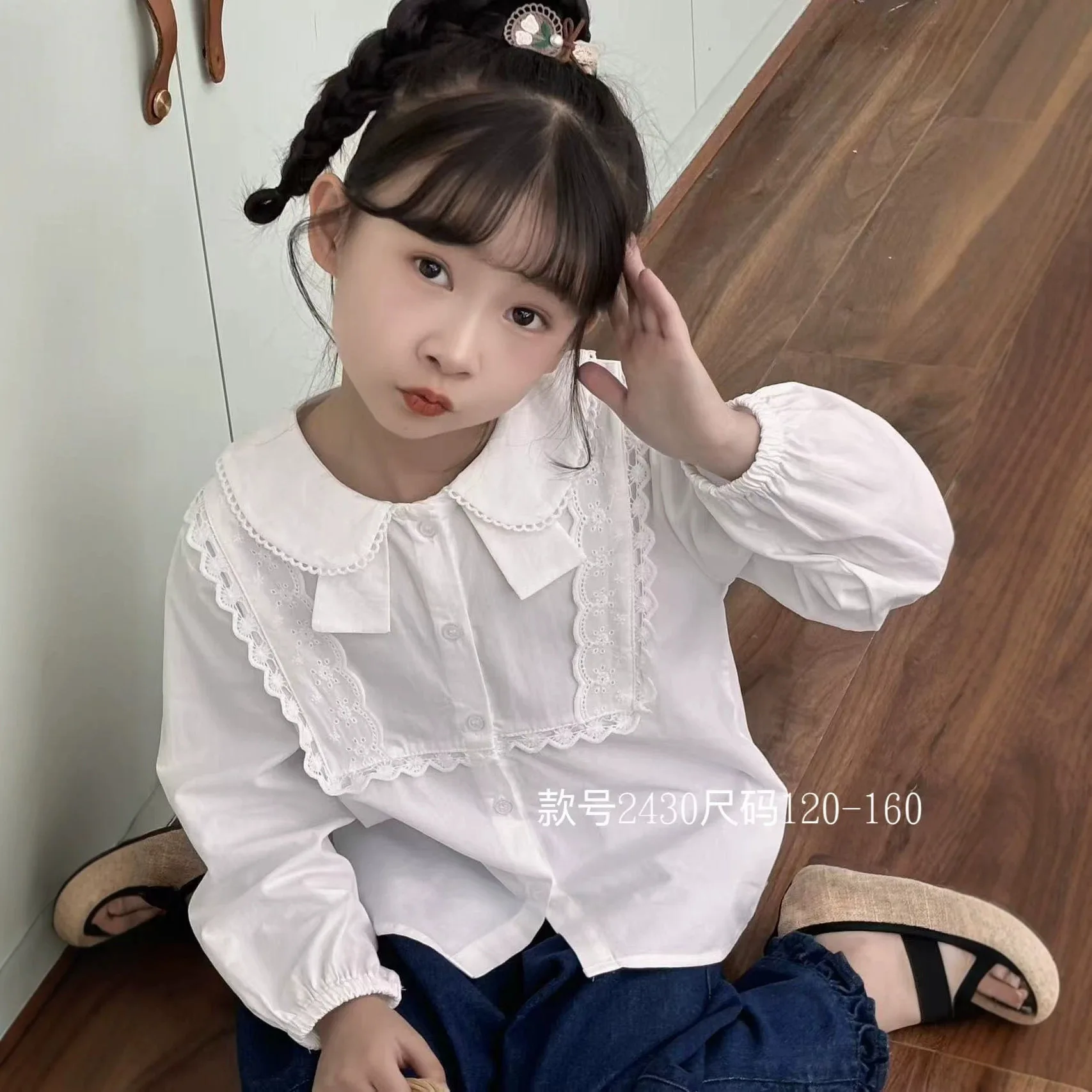 Girls' Solid Bow Shirt Sweet Collar Long Sleeve Button Placket Kid Elastic Cuffs Lace Trim Lightweight Girl Autumn Winter Shirt