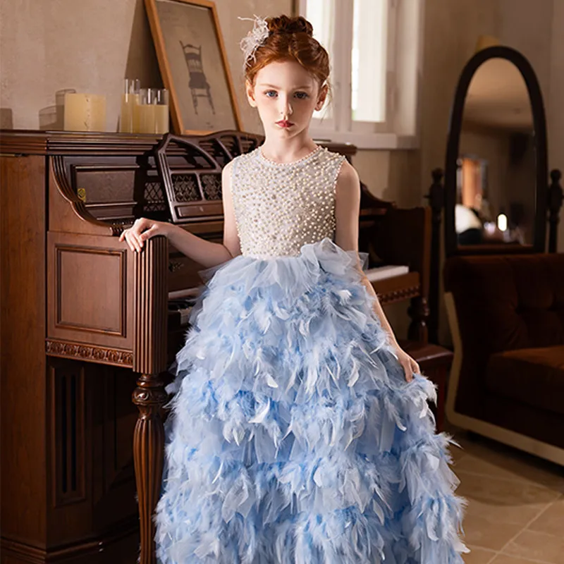 Kids Formal Dress Costume Children Feather Blue Princess Gown Birthday Party Flower Girl Host  Piano Girls Performance Outfit
