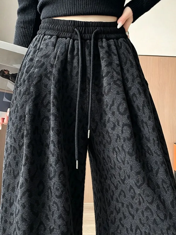 2026 Yearly Fashionable Women's Grey Leopard Print Wide Leg Pants High Waist Trousers Korean Style Casual Pants with Pockets