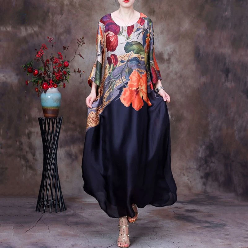 Spring Summer Large Size Long Sleeve Silk Dress 2024 New Floral Print  Elegant Beach Style  Maxi es for Women Q742