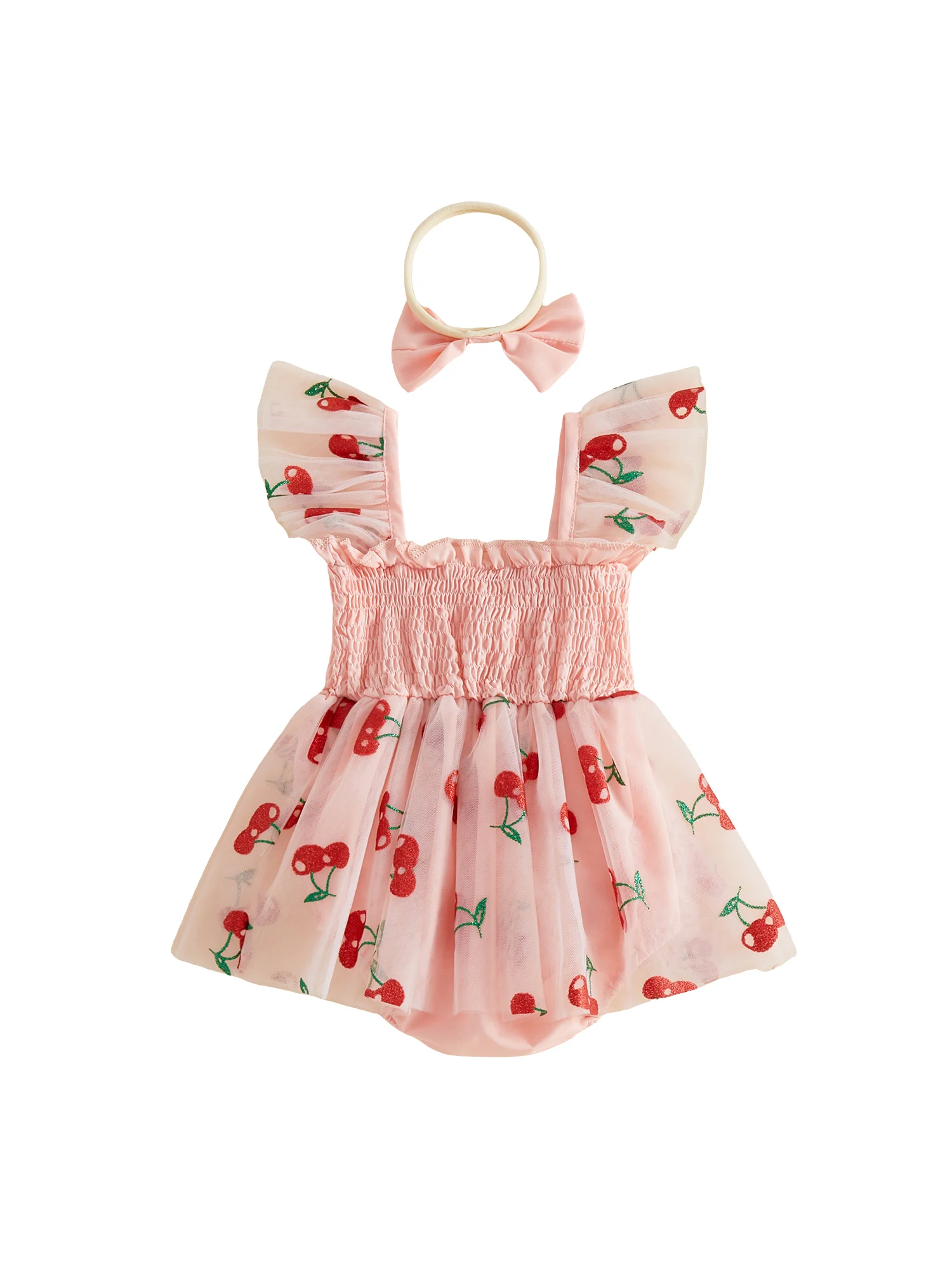 

Платье-комбинезон с цветочным принтом и рюшами на рукавах для маленьких девочек, с кружевной отделкой и подходящей повязкой на голову с бантом, комплект на лето