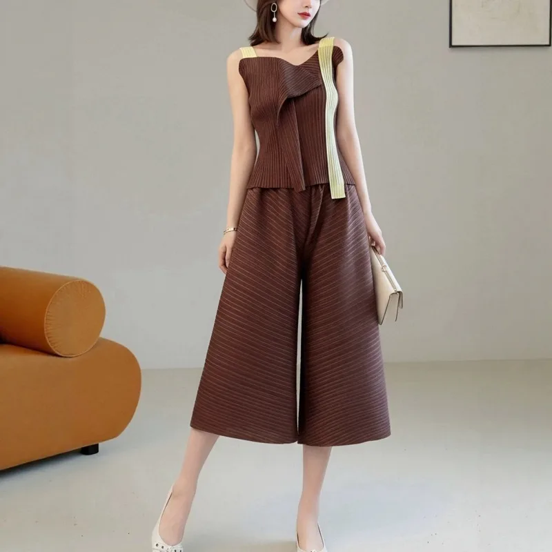 Miyake Pleated Set for Women Summer Two-Piece Set High-End Age-Reducing Irregular Strap T-Shirt Loose Slimming Casual Pants