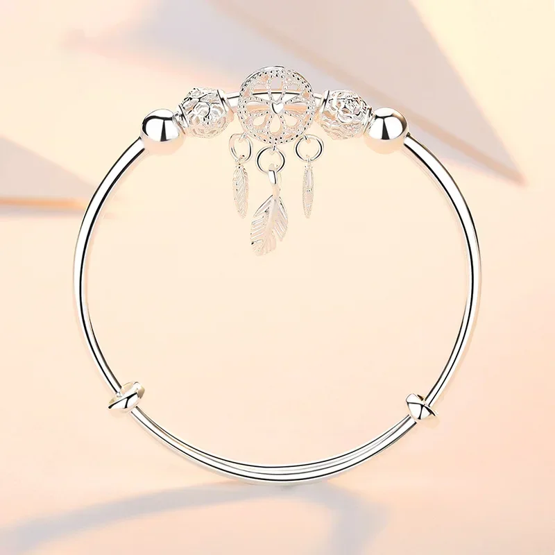 Pulsera de plata de ley 925 para mujer, brazalete ajustable con cuentas redondas, atrapasueños, borla, pluma, joyería de boda