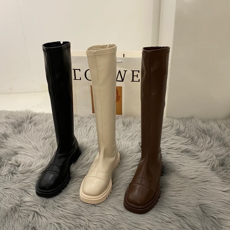 Women Platform Boots 2023 Winter Gothic Shoes Long Boots Women Fashion Black Beige Mid Calf Boots Round Toe Slip on Riding Boots