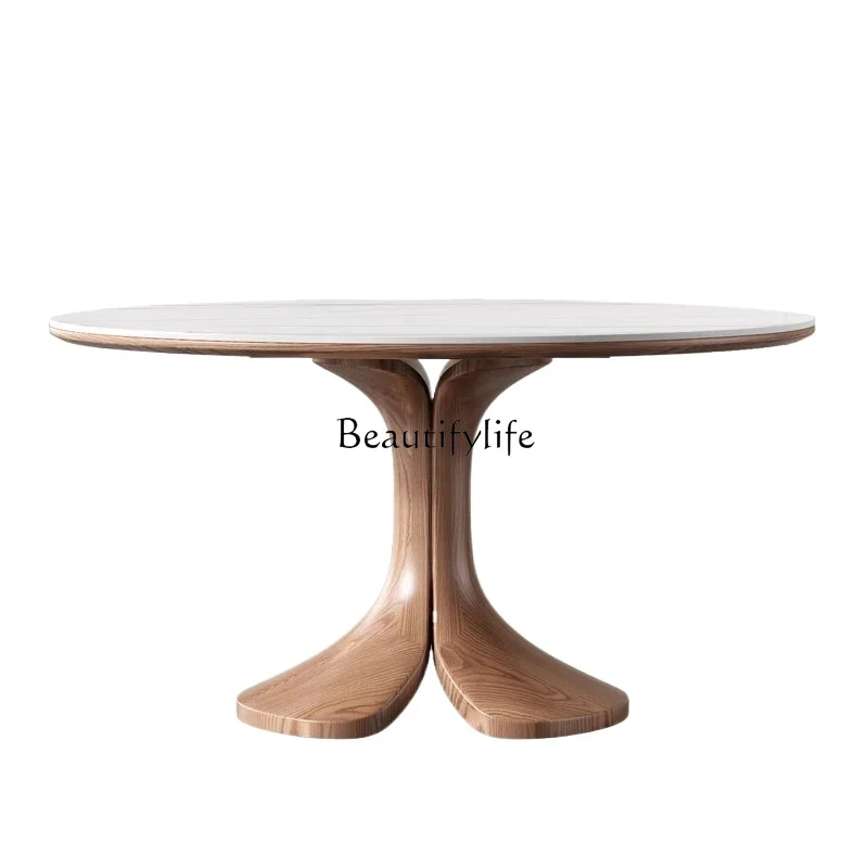 

Modern simple household small apartment marble ash wood turntable round eating table