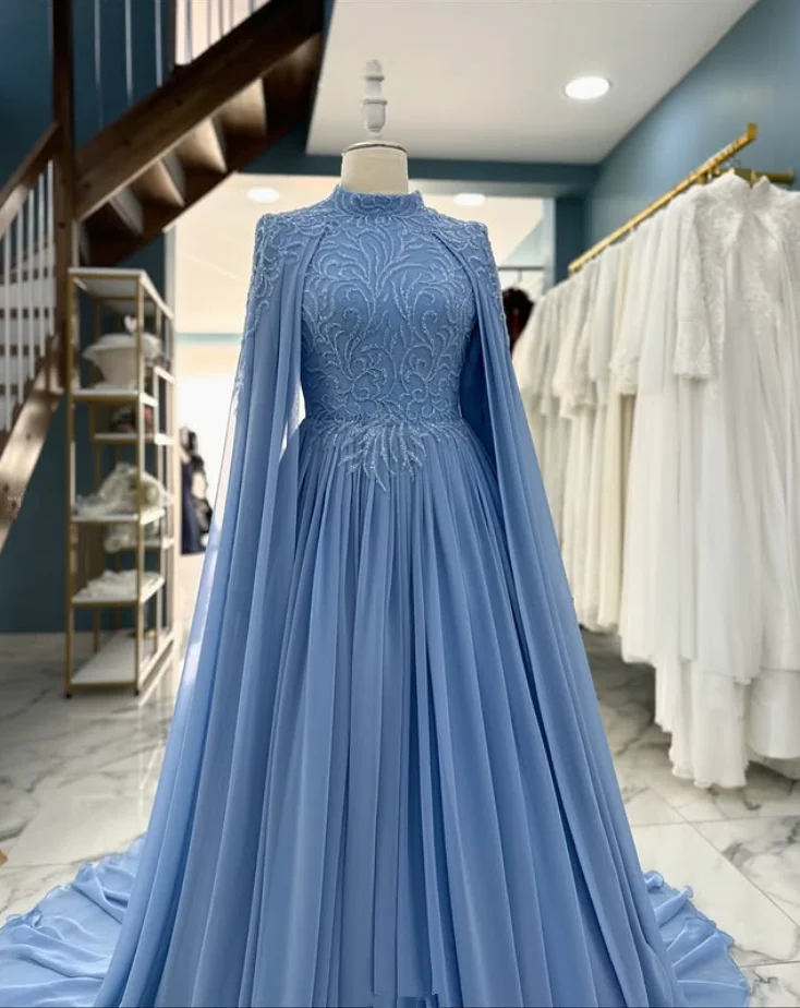 Sky Blue Muslim Caftan Evening Formal Dresses with Cape Gillter Emboridery High Neck Corset Prom Gala Gown Customsized Kaftan