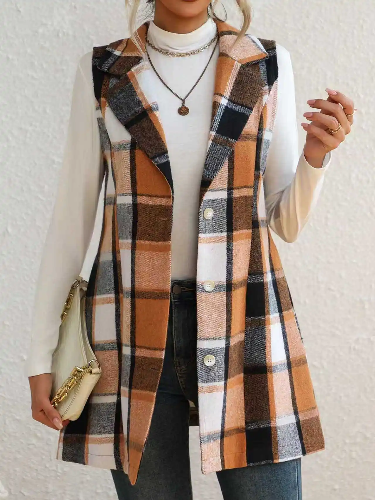 سترة أزياء السيدات معطف بلا أكمام سترة طية صدر السترة منقوشة في الربيع والخريف #4