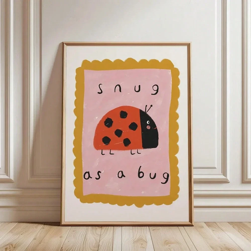 Cute Ladybug Kids Wall Art Canvas, Cartoon Nursery Poster Print for Baby Room, Playroom and Bedroom Decor, Snug as a Bug Artwork