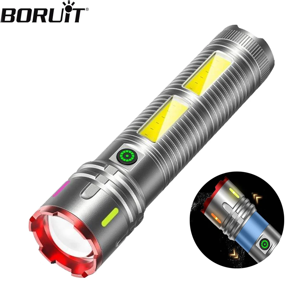 BORUiT Zoomable LED Flashlight Type-C Rechargeable Torch with Side Light & LCD Power Display Portable Light for Outdoor Camping