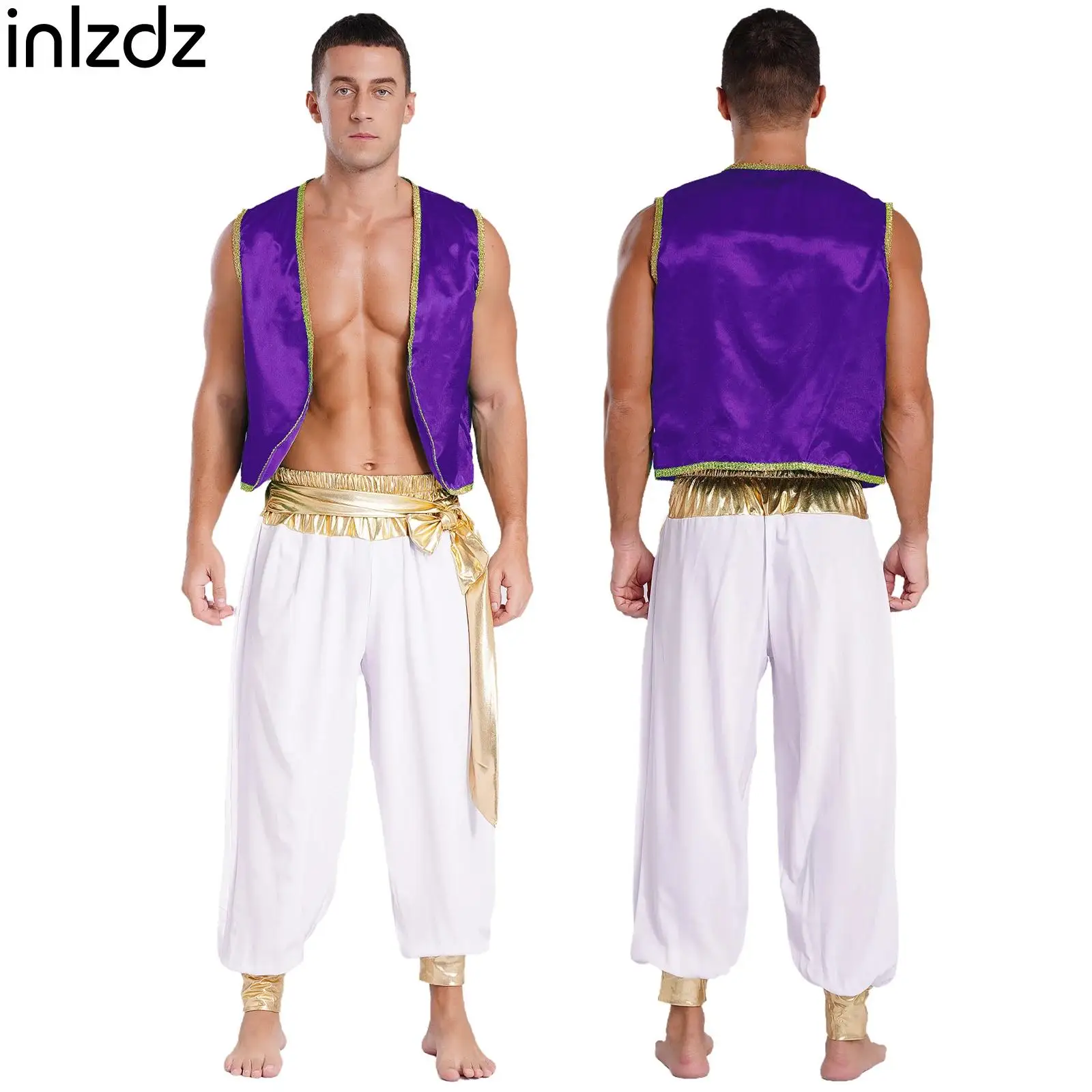

Mens Arabian Prince Role Play Costume Open Front Vest Waistcoat+Pants Outfit for Children Halloween Carnival Fancy Party Clothes