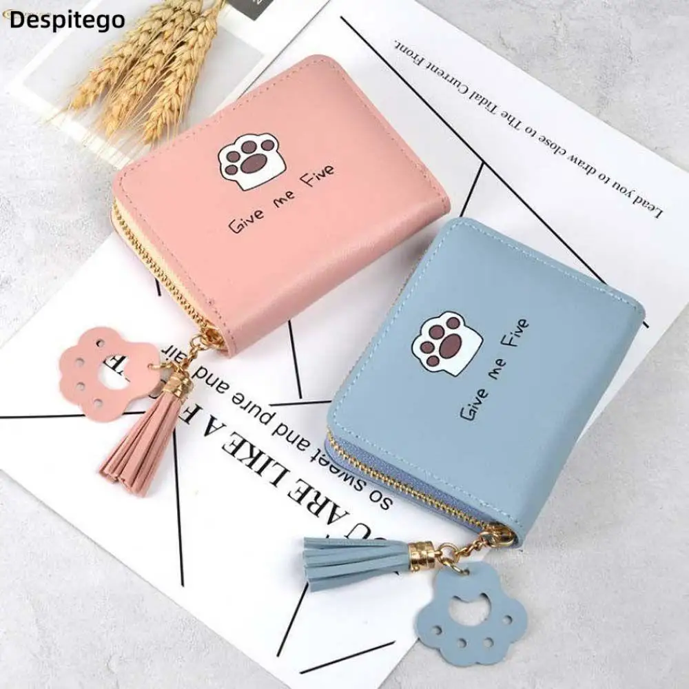 

Mini Coin Purse Cat Claw Letter Tassel Purse Wallets For Women Casual PU Leather Zipper Money Bag Card Holders