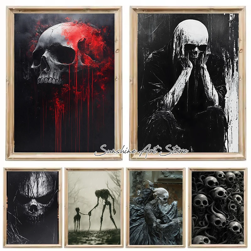 Dark Fantasy Gothic Bones Skulls Creepy Screaming Skull Horror Fantasy Artwork Poster Canvas Painting Wall Pictures Home Decor
