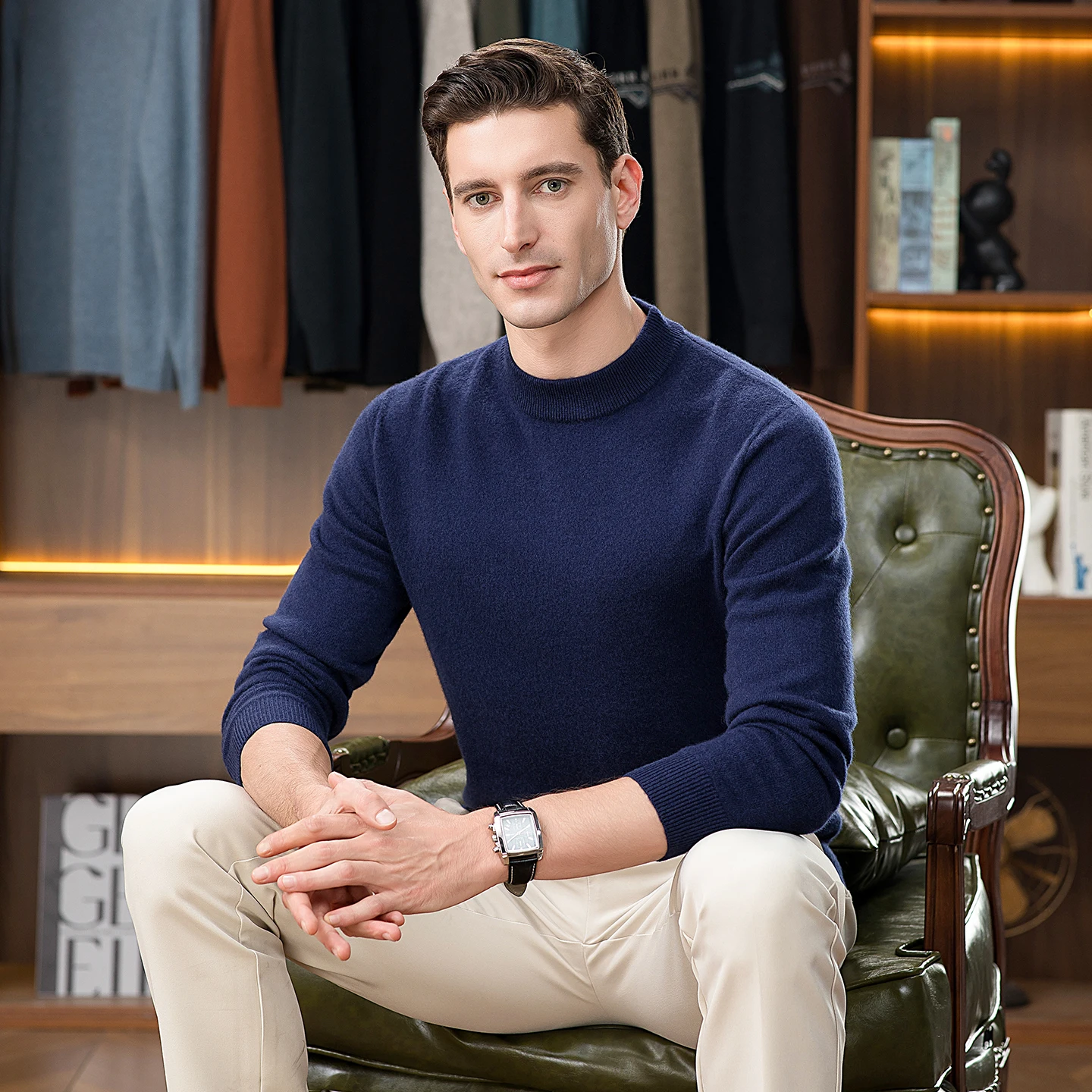 Herbst und Winter neuer reiner Bergkaschmirpullover halbhoher Hals dicker Pullover Herrenpullover mittleren Alters warmes Stricken