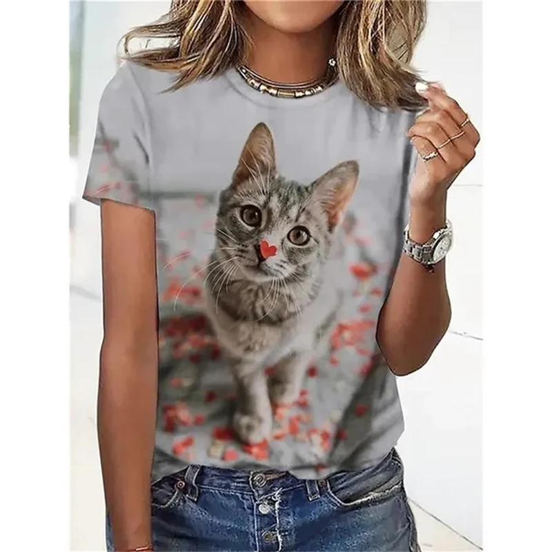 Cute Cat 3D Animel Graphic T ShirtS For Women Casual Fashion Tops Short Sleeve O Neck Tees Breathable Comfortable Female Top