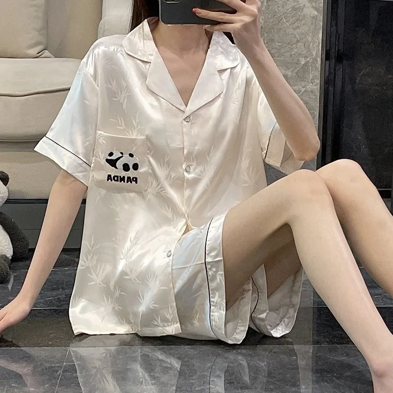 Women Summer Thin Ice Silk Pajamas Set Cute Panda Cardigan Short Sleeve Shorts Loungewear Suit New Baggy Cool Outside Sleepwear