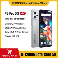 UMIDIGI F3 PRO 5G 스마트폰, 안드로이드 13 NFC, 6150mAh, 6.6 인치 디멘시티 700 디스플레이, 8GB, 256GB, 48MP 트리플 카메라 휴대폰