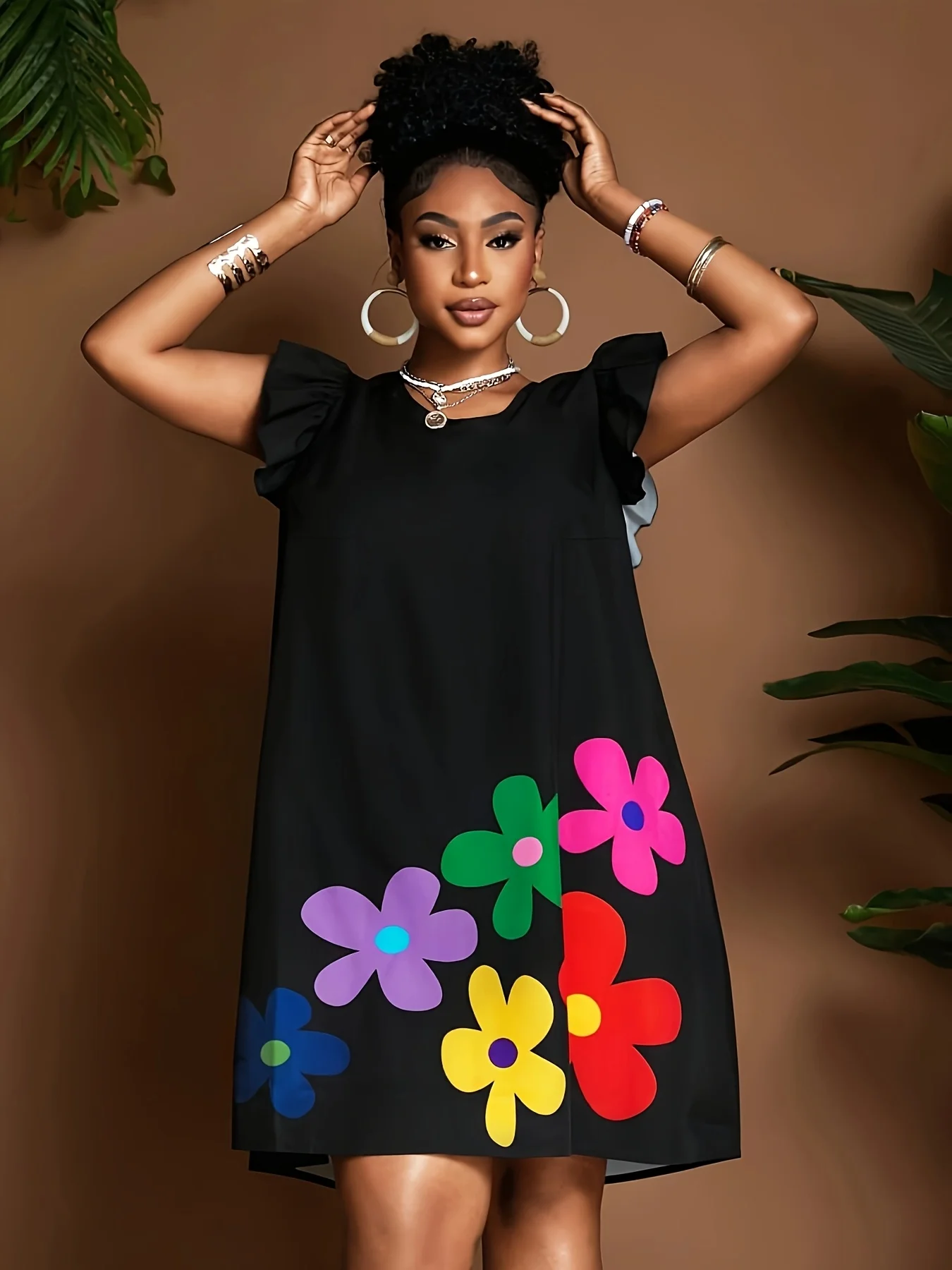 

Holiday plus size women's round neck wide sleeved summer floral positioning print loose A-list dress