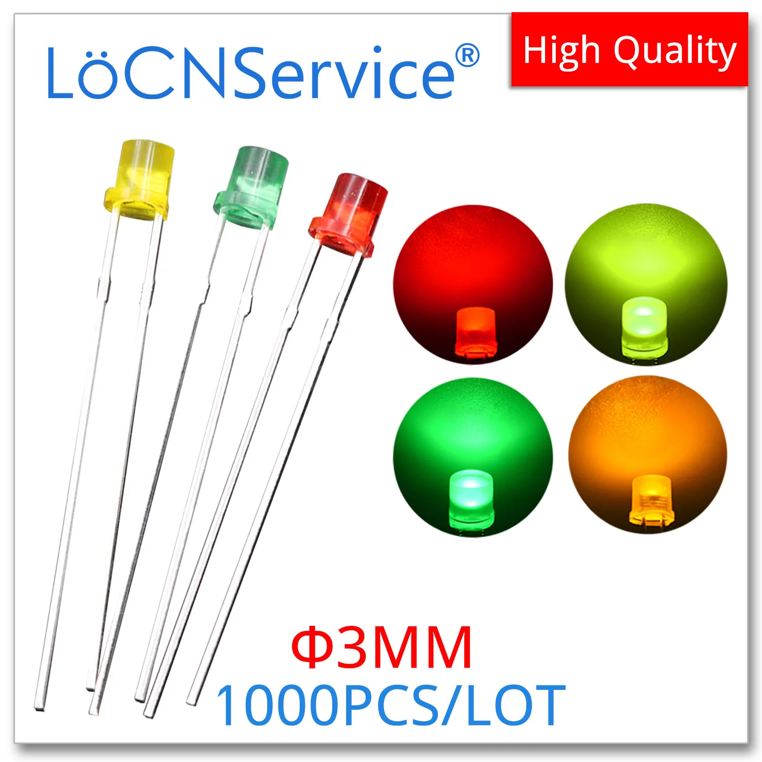 LoCNService 1000PCS 3mm F3 Flat Top Diffused DIP LED Red Blue Yellow Pure green High quality bead light emitting diode