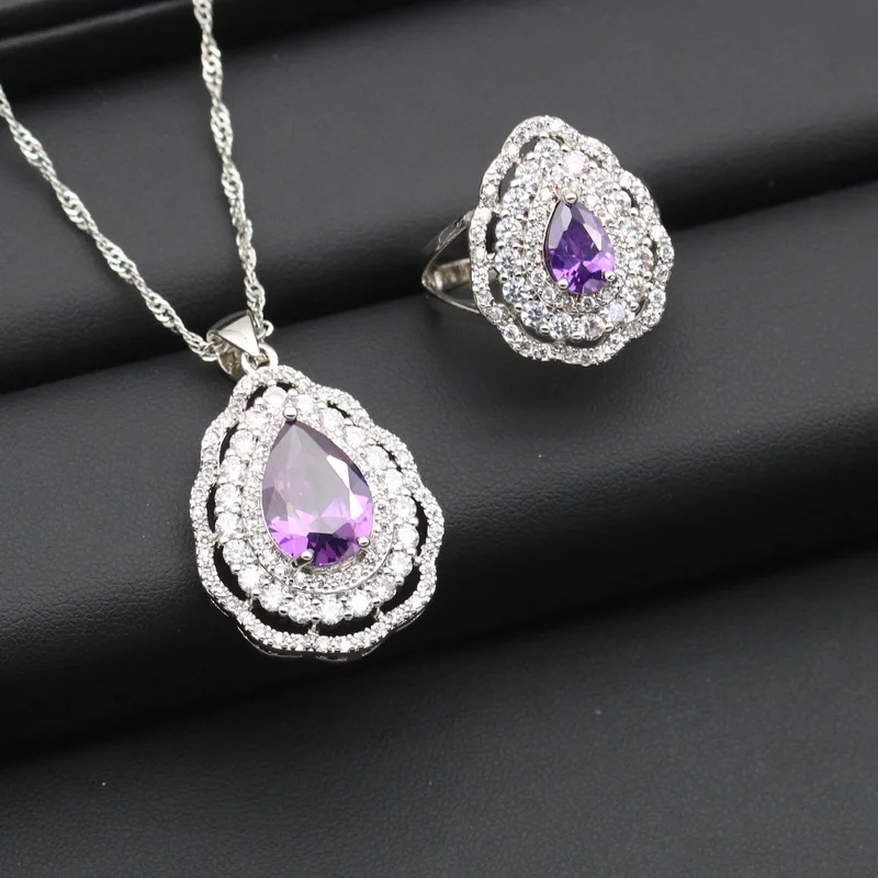 Luxurious Purple Crystal Silver Color Jewelry Sets For Women Earring Bracelet Pendant Necklace Ring Christmas Gift Free Gift Box