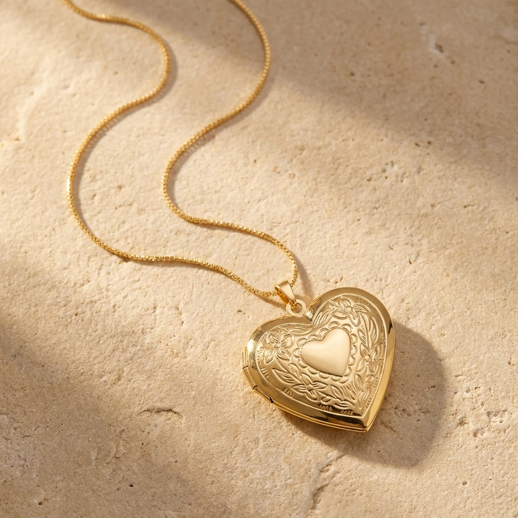 Vintage-Halskette mit geschnitztem Herz-Medaillon in Goldfarbe für Frauen, personalisierter Foto-Anhänger, romantisches, ästhetisches Valentins-Schmuckgeschenk – Detail 4