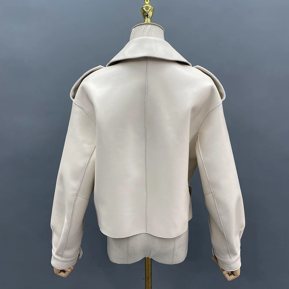 JANEFUR Leather Jacket Women 2023 White Real Sheepskin Fashion Loose Short Soft Female Belted Coat