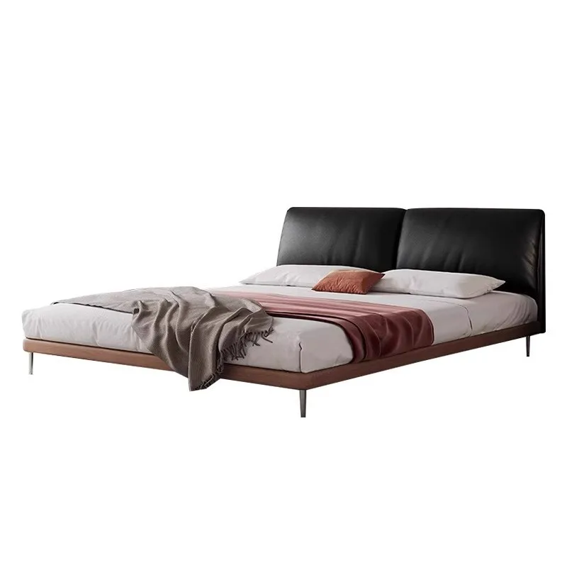 

Italian antique style, leather bed, master bedroom, retro style cowhide, black Internet celebrity elephant ear soft bag double