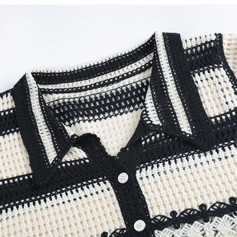 Striped Crochet Vest Top Collared Button-up Short Sleeve Sheer Crop Knit Top Cardigan Women Teengirl Fairycore Vintage Outfit
