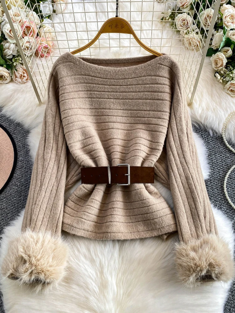 

Elegant French style heavy duty fur long sleeved top women's winter temperament off shoulder trendy knitted sweater