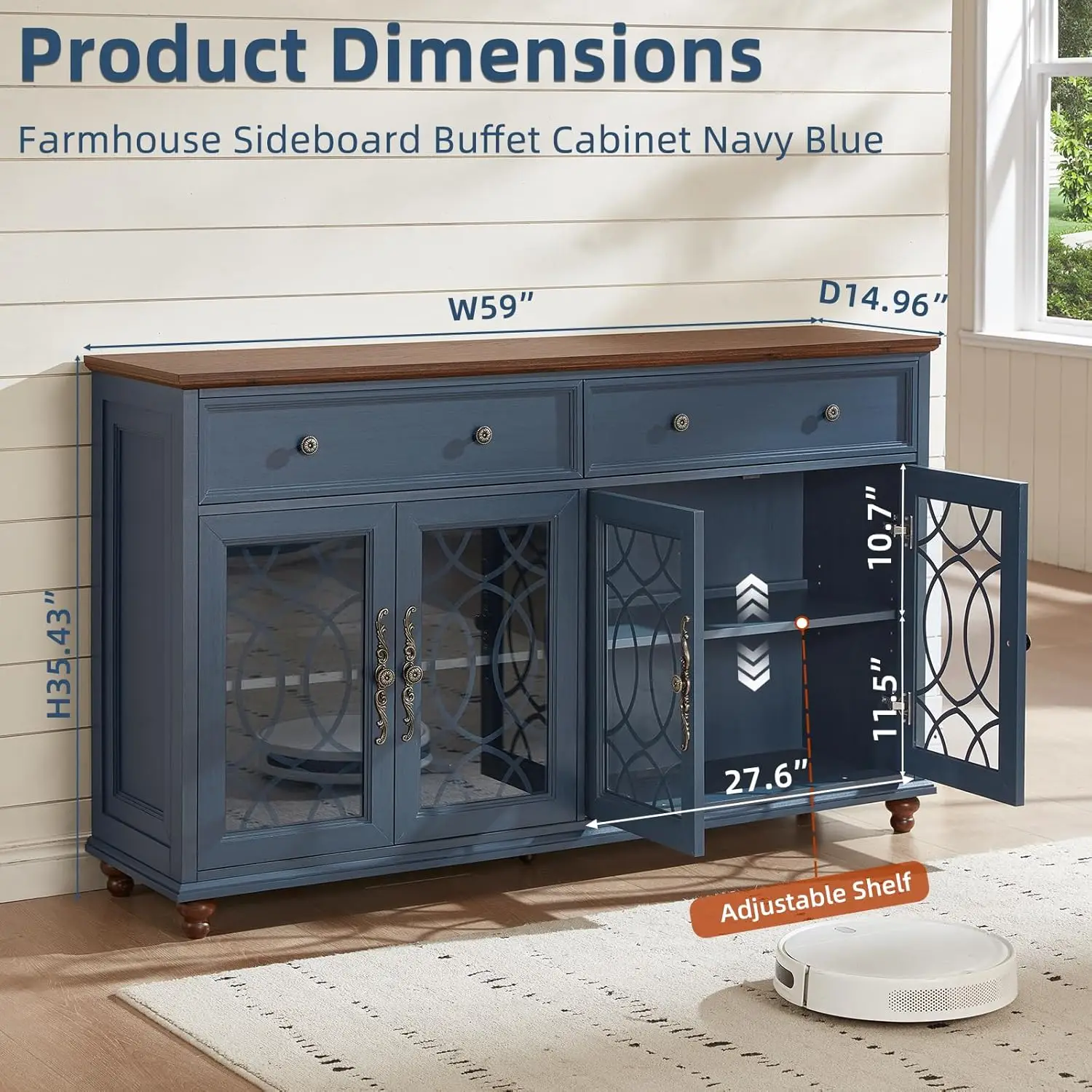 Bauernhaus-Sideboard-Buffetschrank mit Stauraum, 59 große Credenza mit 4 Glastüren und 2 Schubladen, verstellbare Regale, Konsolentisch