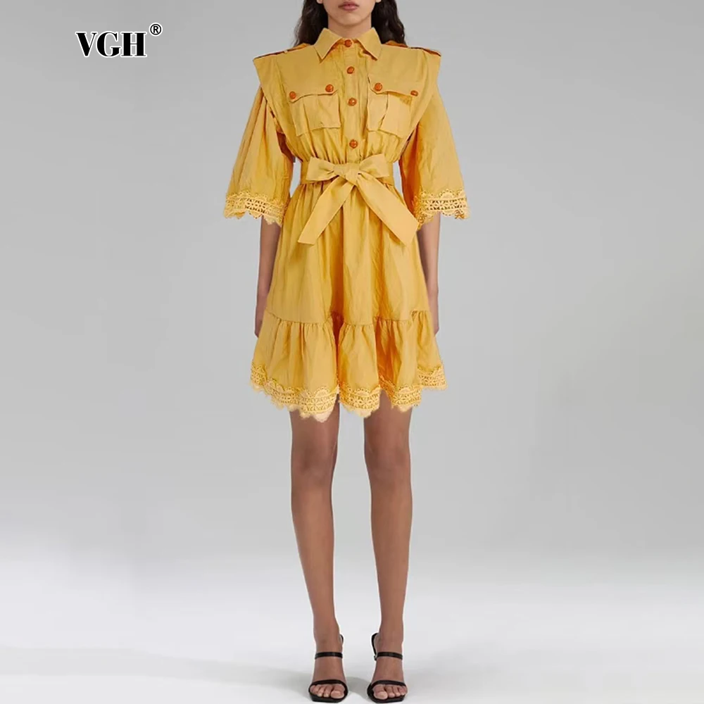 VGH Yellow Patchowrk Lace Raw Edge Slim Dress for Women Lapel Half Sleeve High Waist Spliced Lace Up Folds Dresses Female Spring