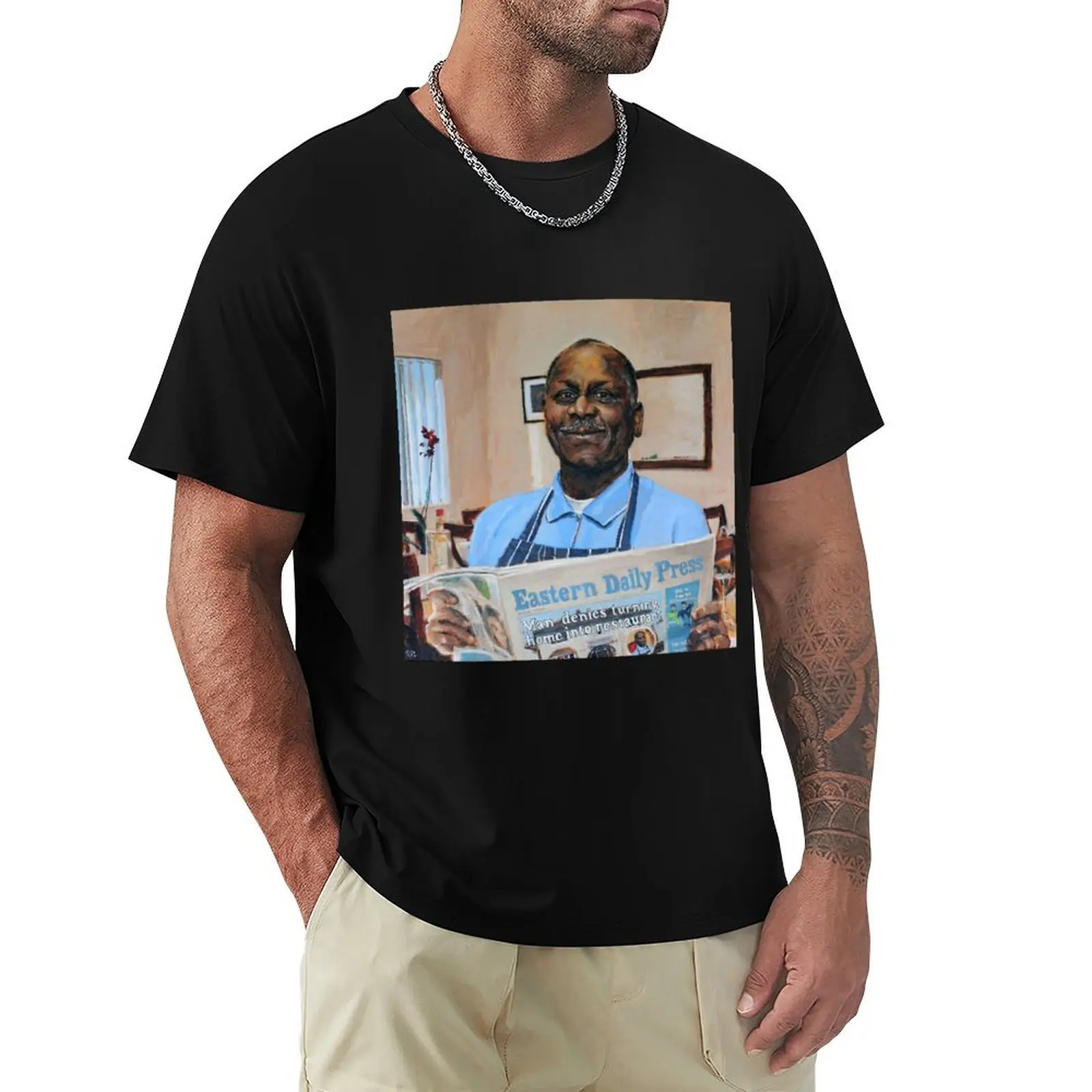 Camiseta de manga corta para festival con estampado de hombre que niega que convierte su casa en restaurante