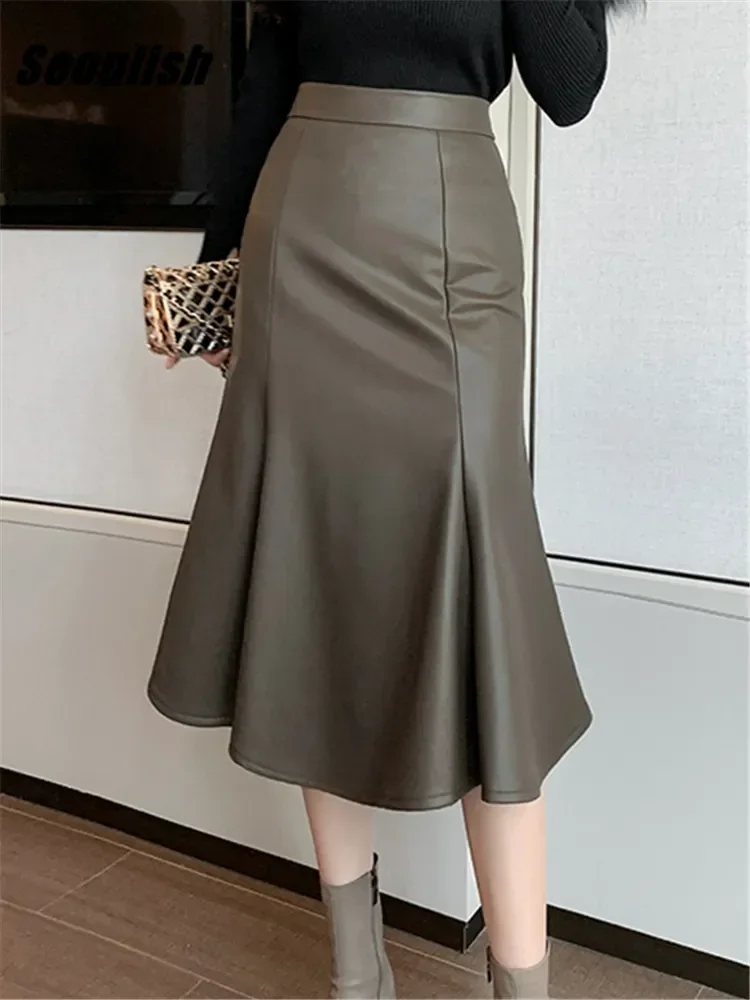 

Autumn Winter PU Leather Women's Mermaid Skirts 2024 New High Wasit Skirt Female Black Irregular Wrap Fishtail R48