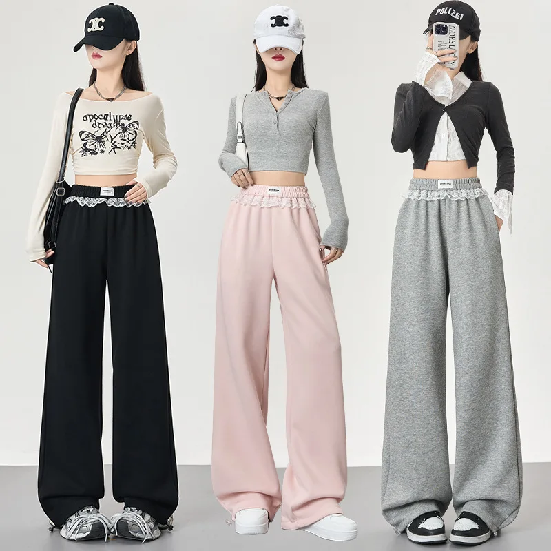 Otoño nuevo estilo pantalones de chándal de encaje coreano cordón elástico estilo ballet pantalones casuales