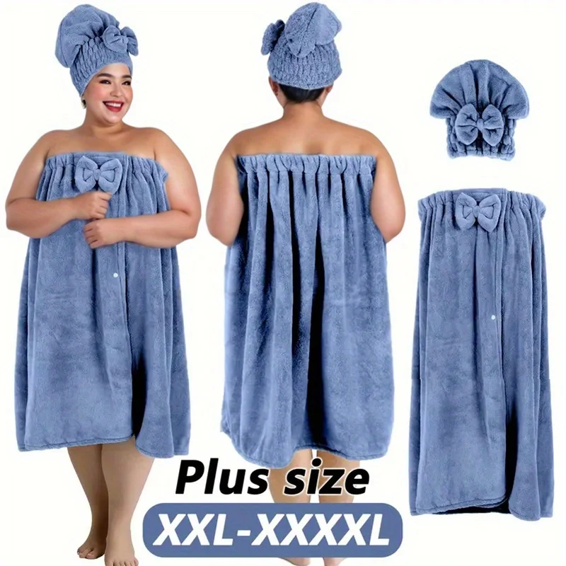 

2pcs/set Plus Size Strapless Bath Skirt Wrapped in Women's Home Bath Skirt 2-piece Set Coral Fleece Bow Dry Hair Cap