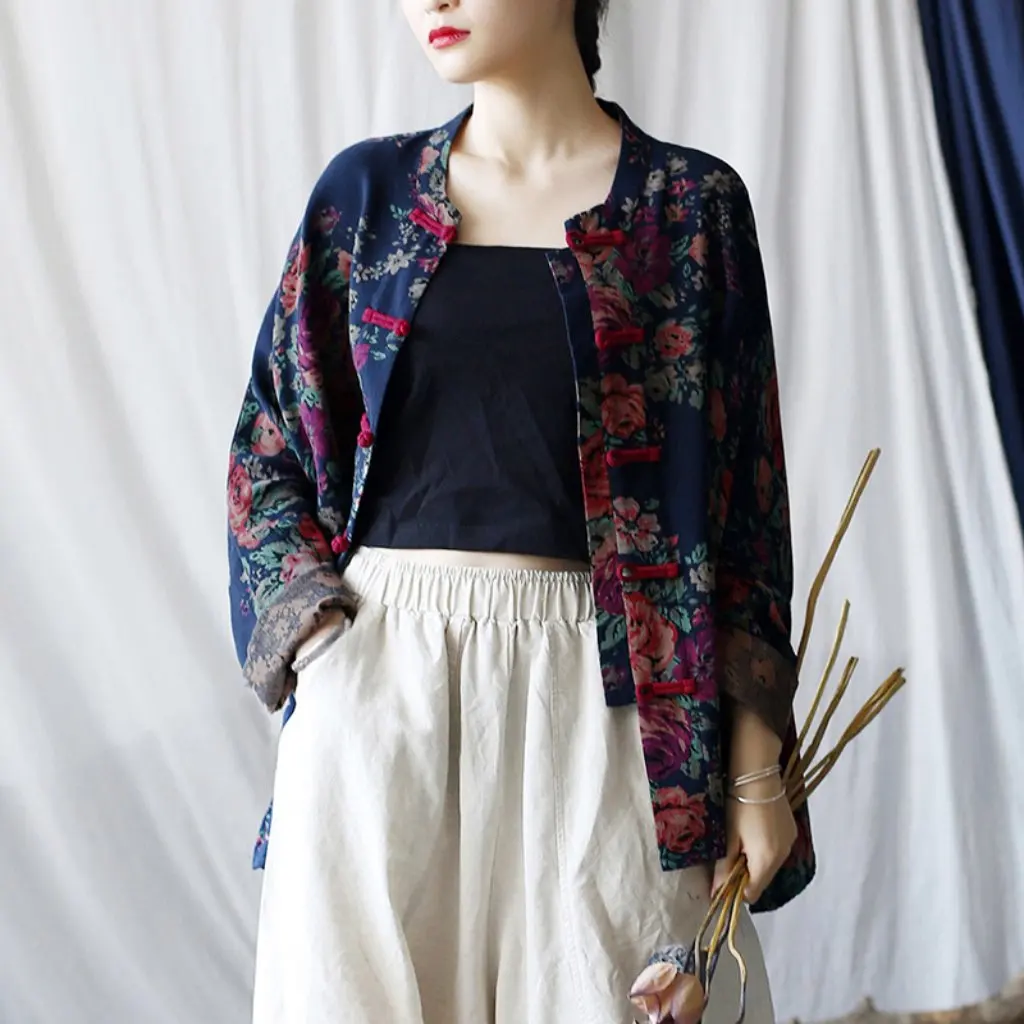 

Xi Mo 22116 Retro Autumn National Style Jacket with Big Flower Print Long Sleeve Old National Style Collar Women's Top
