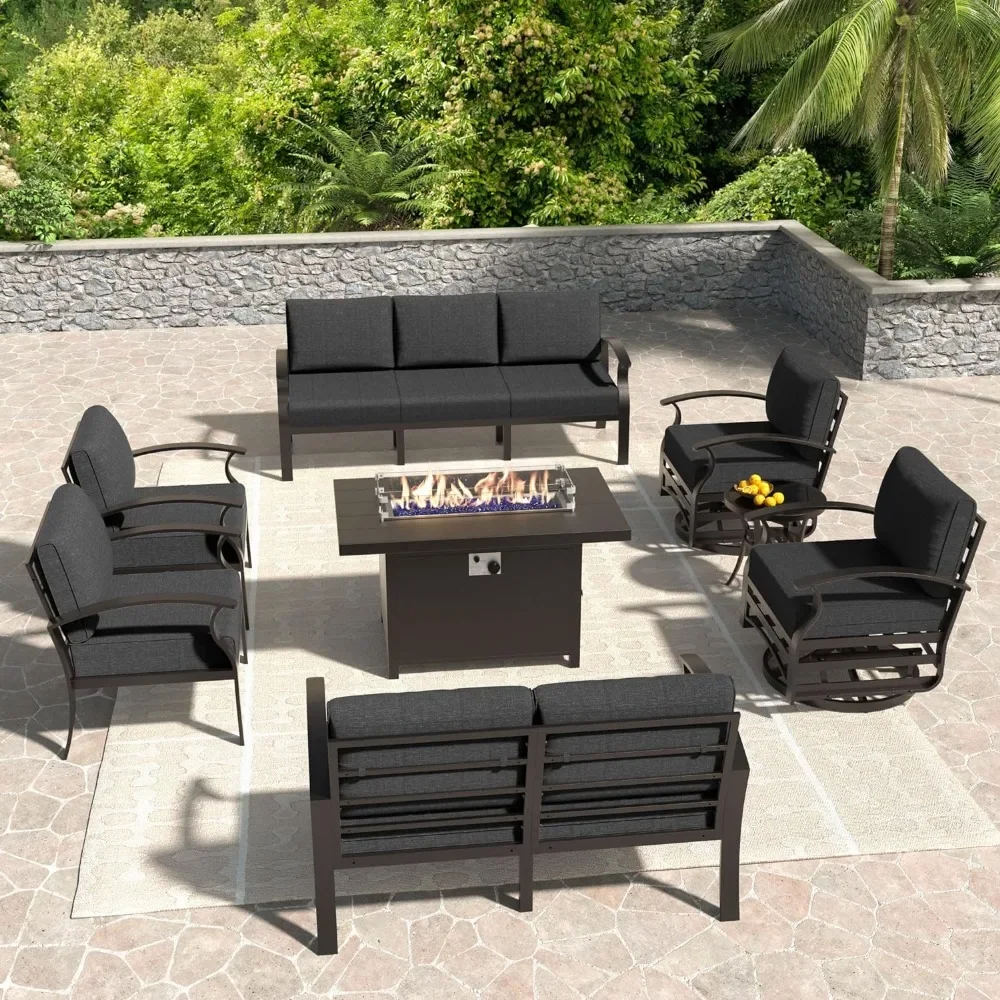 

Aluminum Patio Furniture Set, 8 Pieces 9 Seat Metal Outdoor Furniture Conversation Set w/45 Propane Gas Fire Pit &Swivels, Black