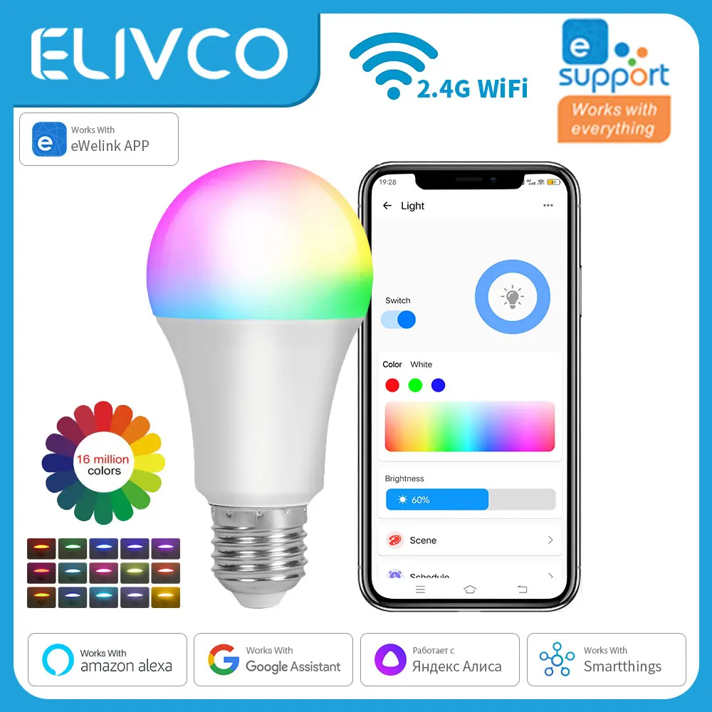 eWelink Smart Bulb E27 WiFi Dimmable DIY Lamp RGBCW LED Light 100-240V APP Control Support Alexa Google Home Alice Smartthings