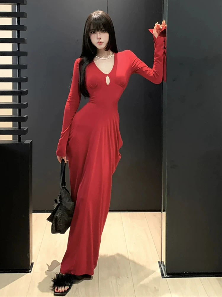 Roriri vestido longo vermelho com decote em v, feminino, fenda de outono, mangas compridas, drapeado, plissado, malha sólida, peça única, retrô, vestido de festa de noite