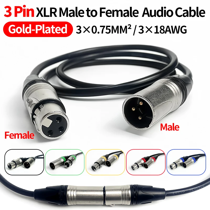 

1M/2M/3M/5M/10M Gold-Plated 3-Pin XLR Male-Female Audio Cable - 3X0.75mm² (3X18AWG) Pure Copper Core for Professional Use