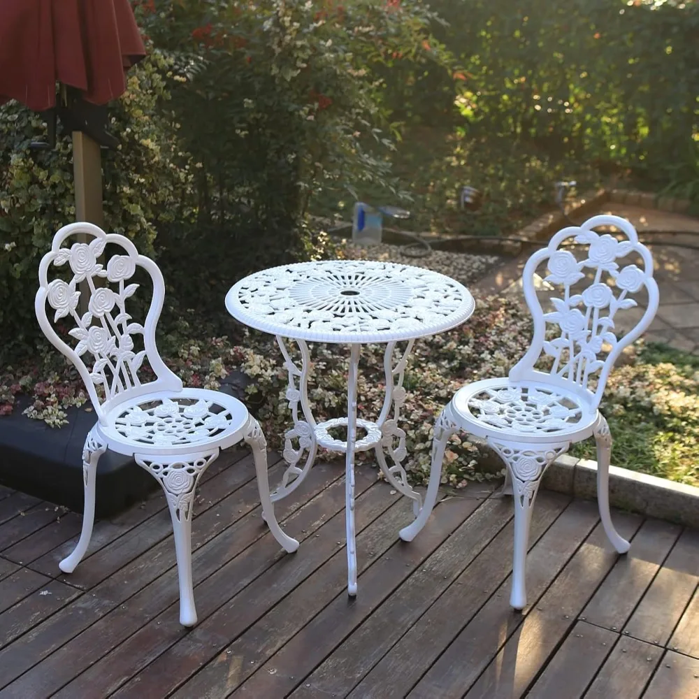 3 Piece Bistro Set,Outdoor Patio Set,Anti-Rust Cast Aluminum Bistro Table Set for Park Yard Front Porch Furniture(White)