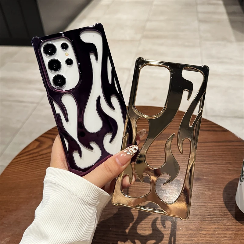 Luxury Plating Hollow 3D Flame Pattern Case For Samsung S25 S24 Plus S22 S23 Ultra A55 A54 A16 A15 A14 A06 Shockproof Soft Cover