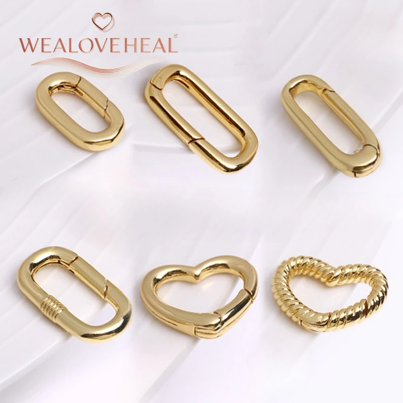Hochwertige 18K vergoldete Messing-Karabinerhaken in Kreis-, Oval- und Herzform mit Druckverschluss für DIY-Schmuckherstellung. – Detail 18